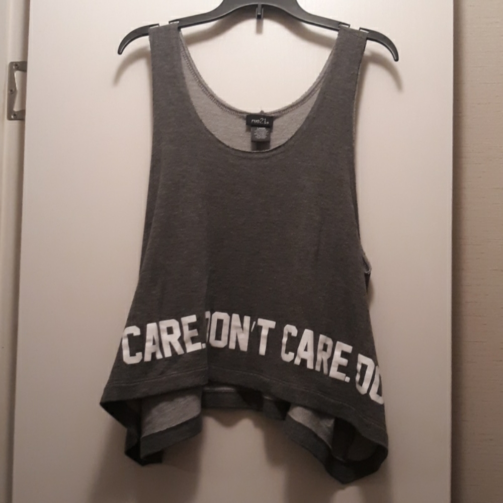 A Gray Tank Top with Don't Care at the ends